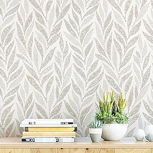 Safiyya 393"x17.3" Boho Peel and Stick Wallpaper Beige and White Wallpaper Leaf Self Adhesive Removable Wall Paper for Bathroom Bedroom Contact Paper for Walls Vinyl Roll