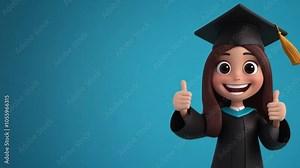 A joyful cartoon character wearing a graduation cap and gown gives a thumbs up, expressing happiness and accomplishment against a blue backdrop
