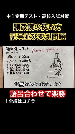 【顕微鏡の使い方並び変え問題】接眼レンズと対物レンズ・反射鏡とプレパラート・ピント・覚え方・語呂合わせ【中学受験・中1定期テスト・中3高校受験勉強授業】 #shorts