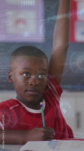 Vertical video: Male student raising hand to answer in class, holding pencil, HUD overlays on torso