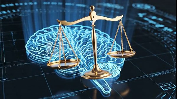 Video of Ethical AI Balance Symbol in Futuristic Interface exploring transparency, machine learning responsibility and digital regulation narrative for enterprise and fintech storytelling; macro