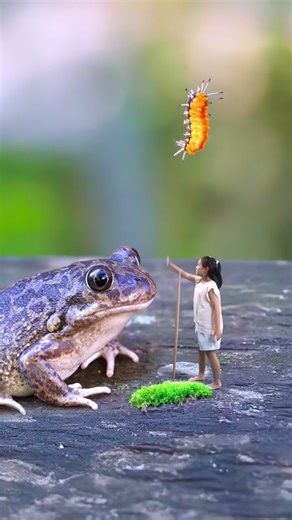 Why doesn't the little frog eat the bugs given by the little man? Children's animation, live ver