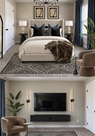 A mix of bold patterns, rich textures, and neutral tones! 🖤🤎 The black and gold accents bring everything together, while the soft bedding and layered details give this bedroom a cozy, luxurious feel. Modern, classy, and full of character! #interiordesign #fypシ゚viral #bedroomdecor #bedroommakeover