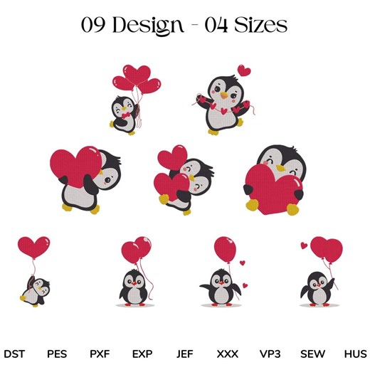 Heart Balloon Penguin Embroidery Design: Valentines Day Embroidery File (digital Download) - Etsy