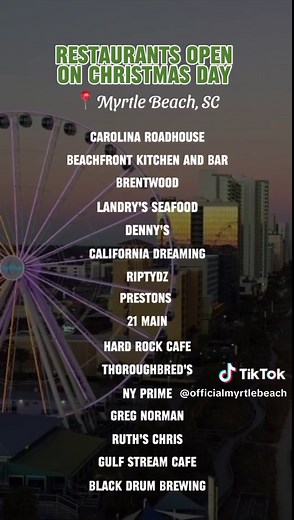 Restaurants open on Christmas Day in Myrtle Beach, SC... ❄️ Carolina Roadhouse ❄️ Beachfront Kitchen and Bar ❄️ Brentwood ❄️ Landry’s Seafood ❄️ Denny's ❄️ California Dreaming ❄️ Riptydz ❄️ Prestons ❄️ 21 Main ❄️ Hard Rock Cafe ❄️ Thoroughbred's ❄️ NY Prime ❄️ Greg Norman ❄️ Ruth's Chris ❄️ Gulf Stream Cafe ❄️ Black Drum Brewing Head to the link in our bio for hours and locations! #MyrtleBeach #Christmas2023 #myrtlebeachfoodscene #myrtlebeachfoodie