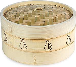 Bamboo Food Steamer 10 Inch | Premium 2 Tier Basket & Lid | Versatile, Perfect as a Chinese Dim Sum, Bao Bun, Momo, Rice & Vegetable Steamer | Steam Cooking For Healthy Food (Pear)
