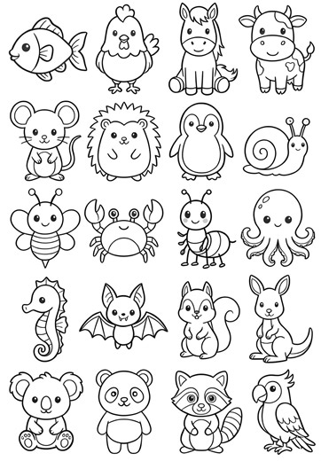 Animal Coloring Page for Kids Easy Coloring Pages Mini Cartoon Animals 2 Pages (digital Download) - Etsy