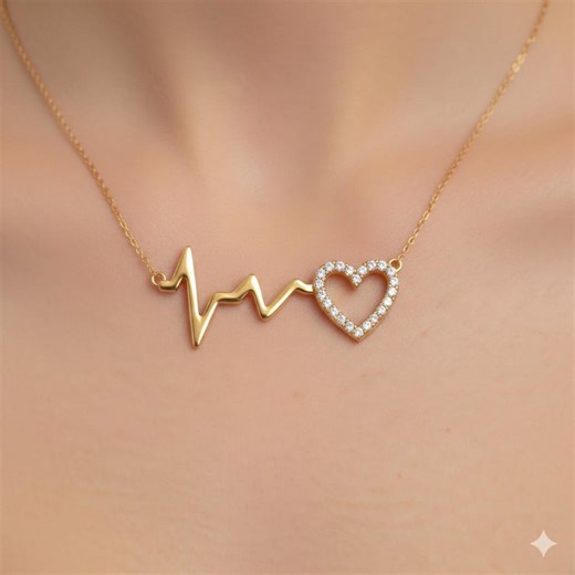 14K Solid Gold Heartbeat Heart Necklace Accent Romantic Fine Jewelry Gift - Etsy