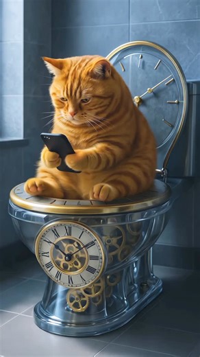 Toilet Cat 365 on Instagram: "How Long Can You Sit on an Antique Clockwork Toilet!? 🕰️😹 Today’s toilet test: the antique clockwork edition! 🕰️✨ The orange cat sits on a transparent toilet filled with golden gears, rotating cogs, and a vintage Roman-numeral clock built into the base. Time keeps ticking loudly… but the cat just keeps scrolling. 😹📱 #shorts #catvideo #clocktoilet #clockworktoilet #weirdtoilet #toiletexperiment #orangecat #toilethumor #catscrolling #funnycat #bathroomdesign #ste