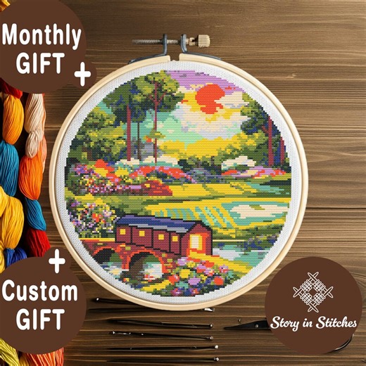 Colorful Countryside Bridge Cross Stitch Pattern, Sunset Landscape Decor (PDF Download) - Etsy