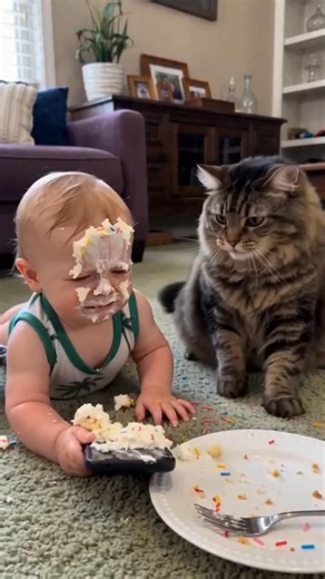 Baby and Cat's Funniest Cake Moment 😹🎂 #shorts