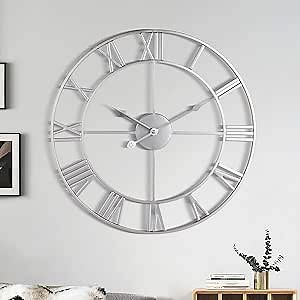 1st owned Large Wall Clock, Metal Retro Roman Numeral Clock, Modern Round Wall Clocks Almost Silent, Easy to Read for Living Room/Home/Kitchen/Bedroom/Office/School Decor (Silver, 24 Inch)