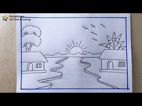 Easy Village River Scenery Drawing | Simple Pencil Sketch Landscape for Beginners