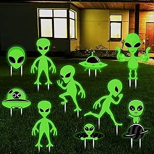 Thyle 10 Pcs Halloween Alien Yard Sign Glow in The Dark UFO Lawn Decorations with 20 Pcs Garden Stake Outdoor Scary Alien Statue Prop for Patio Walkway Yard Party Supplies