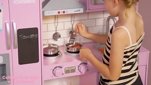 lalalark Pink Play Kitchen Set for Girls Wooden Toy with Light, Sound, Fridge, Ice Maker, Pretend Play Furniture with Storage, Gift for Kids Christmas