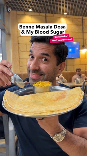 Rohan Sehgal on Instagram: "EP348:Benne Masala Dosa & My Blood Sugar - South Indian Meal Improvement . South Indian Meal Improvement Schedule: 1. Ghee Podi Idli: +32mg 2. Rava Idli with Buttermilk: +26mg 3. Idli Vada Mix: +24mg 4. Paneer Uttapam +24mg 5. Ragi Masala Dosa +37mg 6. Ghee Roast Masala Dosa +27mg 7. Benne Masala Dosa *TODAY* 8. Blooper . Disclaimer: I’m not a diabetic. Results are different for each person, especially for diabetics. My own results vary a little each day. Ideally, eac