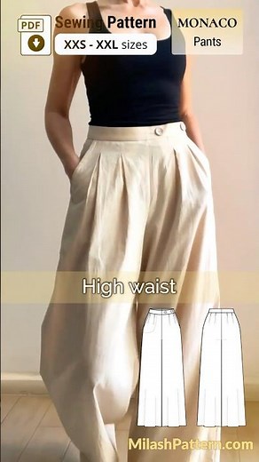 DIY MONACO Pants - High-waist Palazzo with pleats, pocket, 2-button closure & NO zipper #diyclothes