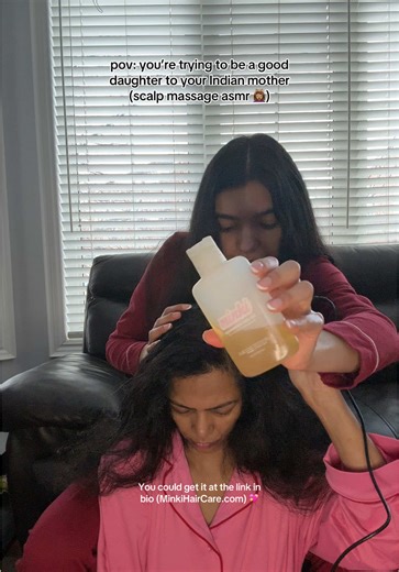 the holiday marching pajamas, do we like? 💖 hair oil is our 9-herb blend (amazing for hair growth and overall hair health 🤩) Minki Hair Oil as always! #creatorsearchinsights #hairoil #indianhair #hairasmr #asmrsounds