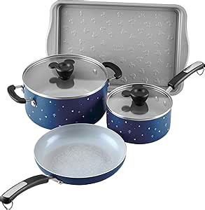 Farberware Disney Bon Voyage Ceramic Nonstick Pots and Pans Set with Baking Sheet/Cookie Pan and Disney Home Kitchen Tools, 8 Piece Non Stick Cookware Set - Blue