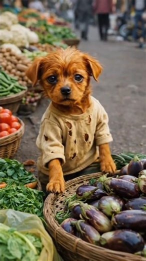A Tiny Puppy Selling Vegetables in the Market.”😇🍅🥦🍆 #viral #explore #shortsfeed #art #ai #viral