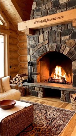 Cozy Log Cabin Living Room with Fireplace and Snowy Forest View