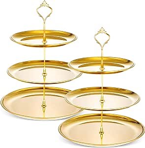 Yaomiao 2 Sets Gold 3 Tier Serving Tray with Base Stainless Steel Tiered Cupcake Stand Dessert Table Display Set Cup Cake Tier Stand Metal Cupcake Tower Fruit Dessert Holder Wedding Serving Platter