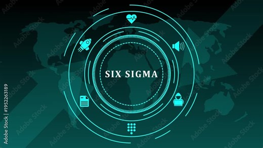Six sigma concept. The DMAIC industrial technology quality control, industrial process improving and lean concept. Businessman touching on Six sigma symbol surrouded by the process of improvement icon