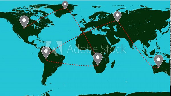 Animated world map shows dashed red lines linking continents and oceans creating sleek global travel effect. World map with dashed red lines connecting locations across continents and oceans.