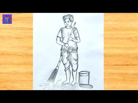 How to draw a sweeper | how to draw a boy cleaning the environment | draw a man cleaning the road
