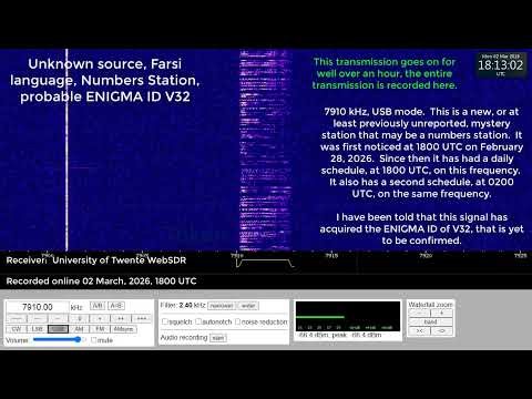 New Farsi Numbers Station, ENIGMA ID V32, 7910 kHz, USB mode, 02 March, 2026, 1800 UTC