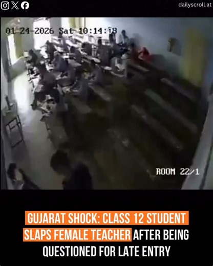 Daily Scroll on Instagram: "A shocking incident from Gujarat has sparked outrage after a Class 12 student, Mohammad Khan Ansari, allegedly slapped a female teacher during an exam when she questioned him for arriving late. According to reports, the student arrogantly told her, “No one questions me at home. Who are you to question me?” before assaulting her in front of the class and fleeing. The incident, captured on CCTV and now viral, led to a police complaint and his subsequent arrest, though h