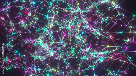 Abstract 3D optical fiber plexus animation: Flowing linear spectrum colors through glowing glass network lines on black - ProRes 4444 XQ loop 3D render.