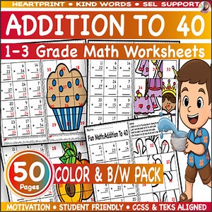 Math Facts Fluency Timed Tests - Addition 40, 1 - 3 Grade | Picture Math Games