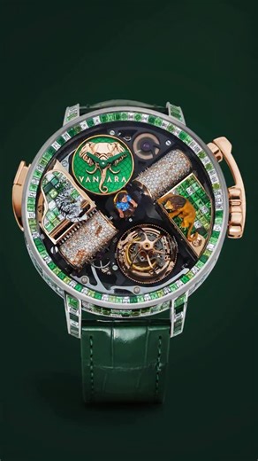 A timepiece created in service of something greater. The “Vantara” was conceived as a tribute to Anant Ambani’s Vantara—one of the world’s most ambitious wildlife rescue and conservation initiatives, based in Gujarat, India. At the center of the dial sits a hand-painted figurine of Anant himself, symbolizing stewardship and responsibility. Surrounding him, finely detailed depictions of a lion and a Bengal tiger represent the wildlife Vantara is dedicated to protecting. Framing the scene is a gre
