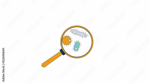 Germs under magnifying glass 2D object animation. Microbiology loupe cartoon 4K video, alpha channel. Biological study. Magnified bacteria microbes pathogens animated flat item on white background