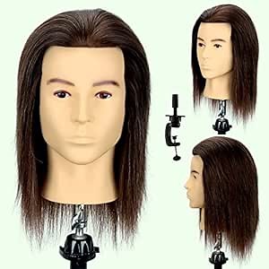 Jiayi Male Mannequin Head 100% Human Hair 10-12 Inch Manikin Training Doll Head for Practicing Styling Barber Haircut Cosmetology Hairdresser Hair Cut with Stand Table Clamp (Dark Brown)