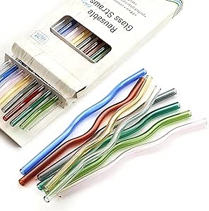 GET FRESH Reusable Wavy Coloured Glass Drinking Straws 8-PCS Borosilicate Shatter Resistant Wavy Glass Cocktail Straws