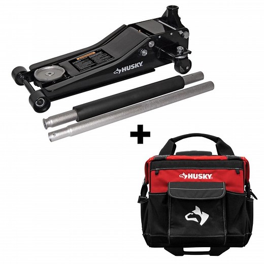 Husky 3-Ton Low Profile Floor Jack with Quick Lift with 14 in. 13 Pocket Rolling Tool Bag HD0012065014-BD - The Home Depot