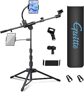GUITTO Microphone Floor Stand with Phone/Tablet Holder, Adjustable Boom Mic Stand with Heavy-Duty Base, Dual Device Mount for Streaming, Podcasting, Recording, and Live Performances GMS-04