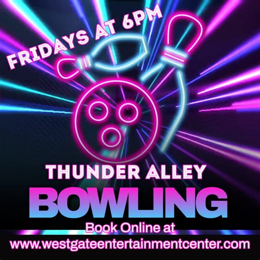 Join us every Friday at 6pm for an exciting evening at Thunder Alley Bowling. Whether you're a pro or just looking for some fun, our lanes are ready for you. Reserve your spot easily online and make your Friday night unforgettable! Visit westgateentertainmentcenter.com to book now. #BowlingNight #ThunderAlley #FridayFun | Westgate Entertainment Center