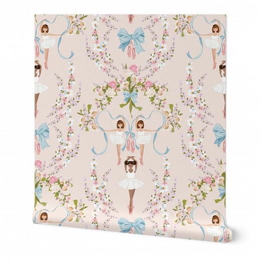 Ballerina Floral Pretty Baby Blue Bows Nursery Wallpaper_ Removable Smooth Pre-pasted or Peel and Stick Faux Woven Wallpaper - Etsy