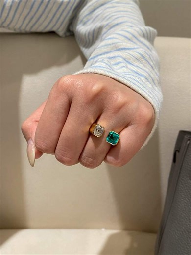 Asscher-cut Diamond Emerald Toi Et Moi Ring, 18K Yellow Gold Vintage Style - Etsy