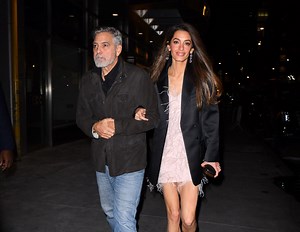 Amal Clooney Pairs Flirty Feathered Dress with Oversize Blazer for Date Night with Husband George