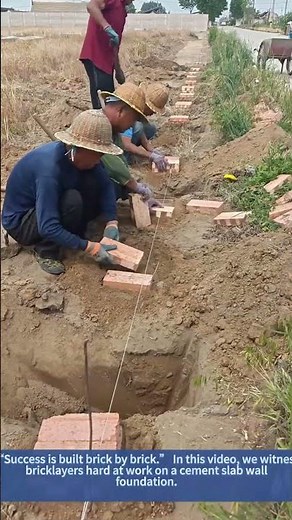 Bricklayers Working on Cement Slab Wall Foundation | Construction Site