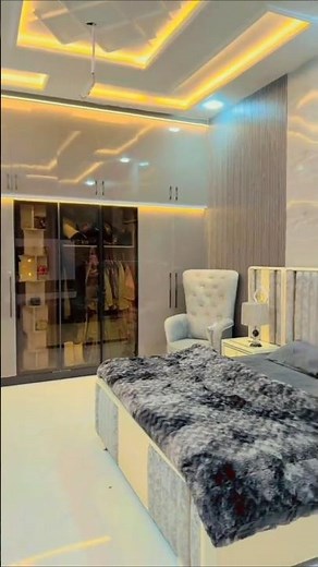 Modern Grey Bedroom 2026 | Glass Wardrobe + LED Ceiling Design Sofa Luxury Bed #shorts