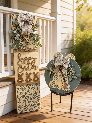 Spring Porch Decor Set, Happy Easter Porch Leaner and Bunny Door Hanger, Vintage Distressed Farmhouse Front Door Decor, Sage Green Easter - Etsy