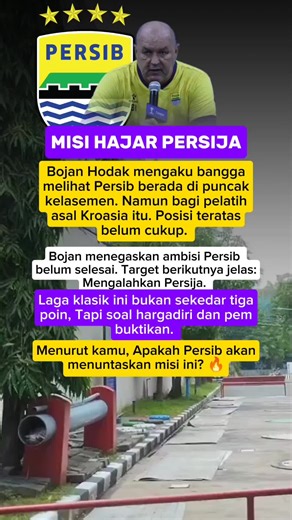 Puncak klasemen bukan garis finish. Bojan sudah bicara target berikutnya: Persija. Derby penentuan mental juara. Menurut kamu, Maung Bandung siap? 🔥🐯 #Persib #BojanHodak #persija #MaungBandung #PuncakKlasemen
