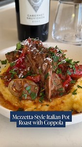 Italian comfort food done right! A slow-braised pot roast, creamy polenta, and a glass of Coppola Cabernet make for the perfect pairing 🍷 Yield: 6 to 8 servings Prep Time: 15 minutes Total Time: 6 hours and 15 minutes INGREDIENTS 2 tablespoons extra virgin olive oil 3 lbs. beef chuck roast Salt and pepper, to taste 1 onion, peeled and roughly chopped 1 (24 ounce) jar Mezzetta Family Recipes Marinara 1 cup beef broth 2 cups cabernet sauvignon, such as Francis Coppola ¼ cup Mezzetta Sliced Sun Ri