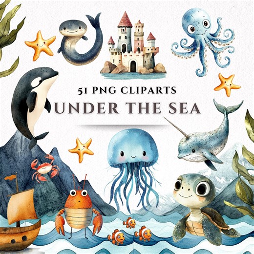 Under Sea Clipart Cute Ocean Animals Watercolor PNG Set Kids Marine Illustration Bundle Aquarium Nursery Decor Printable Graphics Pack - Etsy
