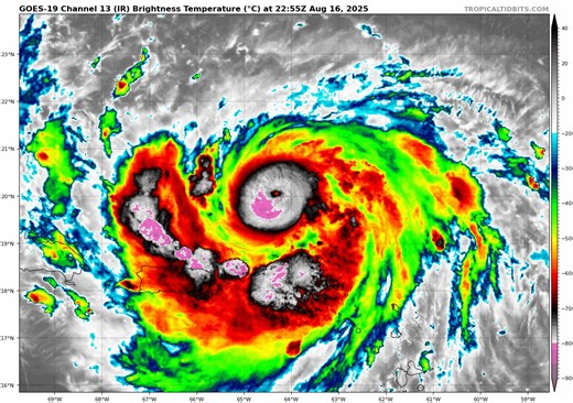 Hurricane Erin is undergoing an Eyewall Replacement Cycle... Another peak of intensity is possible tonight. For now, this has weakened slightly to a Category 4 Hurricane. | Meteorologist Max Velocity